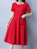 Vintage Embroidered Pocket Short Sleeve O-Neck Dresses