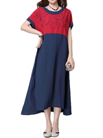 Vintage Embroidered Stitching Short-Sleeve Loose Dress