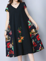 Vintage Embroidered V-Neck Short Sleeve Women Dresses