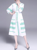 Vintage Embroidery Drawstring Neck Bishop Sleeve Women Belt Dresses