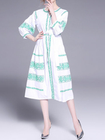 Vintage Embroidery Drawstring Neck Bishop Sleeve Women Belt Dresses