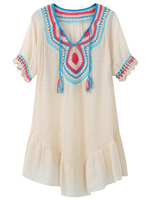 Vintage Embroidery Drawstring O-Neck Short Sleeve Women Mini Dresses