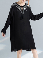 Vintage Embroidery Loose Tassel O-Neck Long Sleeve Mini Dres