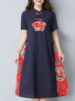 Vintage Ethnic Cheongsam Patchwork Print Dresses