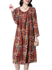 Vintage Ethnic Printed Loose Pleated Design Long Sleeve Women Dress