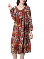 Vintage Ethnic Printed Loose Pleated Design Long Sleeve Women Dress