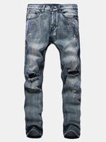 Vintage Fashion Blue Holds Printing Stone Washed Denim Ripped Jeans for Men