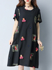 Vintage Floral Embroidered O-neck Short Sleeve Dress For Women