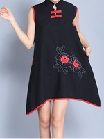 Vintage Floral Embroidered Sleeveless Stand Collar Dress For Women