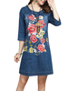 Vintage Floral Embroidery O-Neck Half Sleeve Denim Dresses