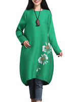 Vintage Floral Hand Painted Ethnic Long Sleeve Cocoon Women Mid Dress