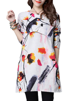 Vintage Floral Ink Printed Patchwork Long Sleeve Women Dress