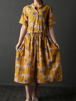 Vintage Floral Print Drawstring Half Sleeve Dress For Women