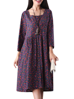 Vintage Floral Printed Button Three Quarter Sleeve A-Line Dress For Women