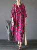 Vintage Floral Printed Half Sleeve Plate Buckle Maxi Dresses