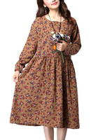 Vintage Floral Printed Long Sleeve A-Line Dress For Women