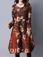 Vintage Floral Printed Long Sleeve Irregular Hem Dresses