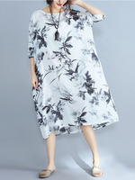 Vintage Floral Printed Long Sleeve Irregular Hem Mid-Long Dresses