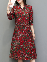 Vintage Floral Printed Mandarin Collar Long Sleeve Women Dresses