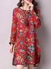 Vintage Floral Printed O-Neck Long Sleeve Split Midi Dress For Women