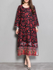Vintage Floral Printed O-Neck Long Sleeve Women Slit Dresses