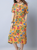 Vintage Floral Printed Short Sleeve Buttons O-neck Shirt Dresses