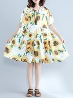 Vintage Floral Printed Short Sleeve Loose O-neck Dresses