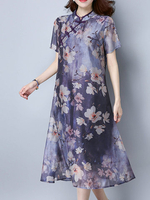 Vintage Floral Printed Short Sleeve Plate Buckles Women Dresses