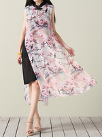 Vintage Floral Printed Sleeveless Fake Two Pieces Dresses