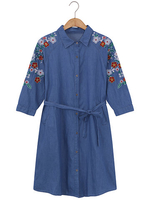 Vintage Flower Embroidery Turn-Down Collar Long Sleeve Women Dresses