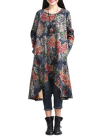 Vintage Flower Printed Long Sleeve High Low Dress With Detachable Collar For Women