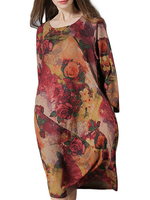 Vintage Flower Printed Long Sleeve Round Neck Loose Dress