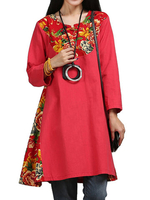 Vintage Flower Printed Patchwork Long Sleeve Mini Dress For Women
