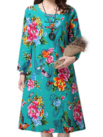 Vintage Flower Printed Pocket Long Sleeve Dress For Women