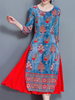 Vintage Folk Print Patchwork Pleated Zipper Women Dresses