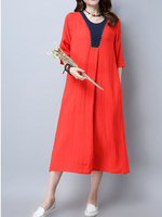 Vintage Half Sleeve Patchwork Loose Women Mid-Long Dresses