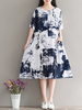 Vintage Half Sleeve Printed Pocket O-neck Women Dresses