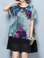 Vintage Ink Printed Patchwork Fake Two-Piece Chiffon Mini Dress