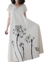 Vintage Ink Printed Short Sleeve V-Neck Long Maxi Dresses