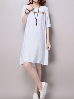 Vintage Loose Embroidery Short Sleeve O Neck Women Dresses