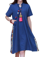 Vintage Loose Hem Short Sleeve V Neck Women Dresses