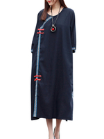 Vintage Loose O-Neck 3/4 Sleeve Women Slit Dresses