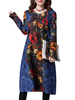 Vintage Loose Printed O-Neck Long Sleeve Thicken Cotton Dress