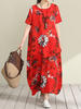 Vintage Loose Short Sleeves O-Neck Floral Printed Maxi Dress
