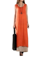 Vintage Loose Solid Layered Sleeveless Elegant Split Women Maxi Dress