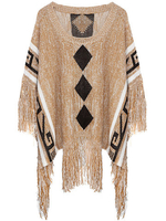 Vintage Loose Tassel Print Knit Batwing Sleeve Round Neck Sweater