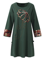 Vintage Lotus Patchwork O-Neck Long Sleeve Women Dresses