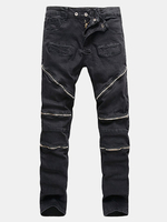 Vintage Motorcycle Style Casual Multi-zippers Stone Washed Elastic Slim Denim Jeans For Men