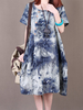 Vintage O-neck Loose Buttons Ink Printed Dresses