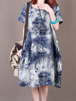 Vintage O-neck Loose Buttons Ink Printed Dresses
